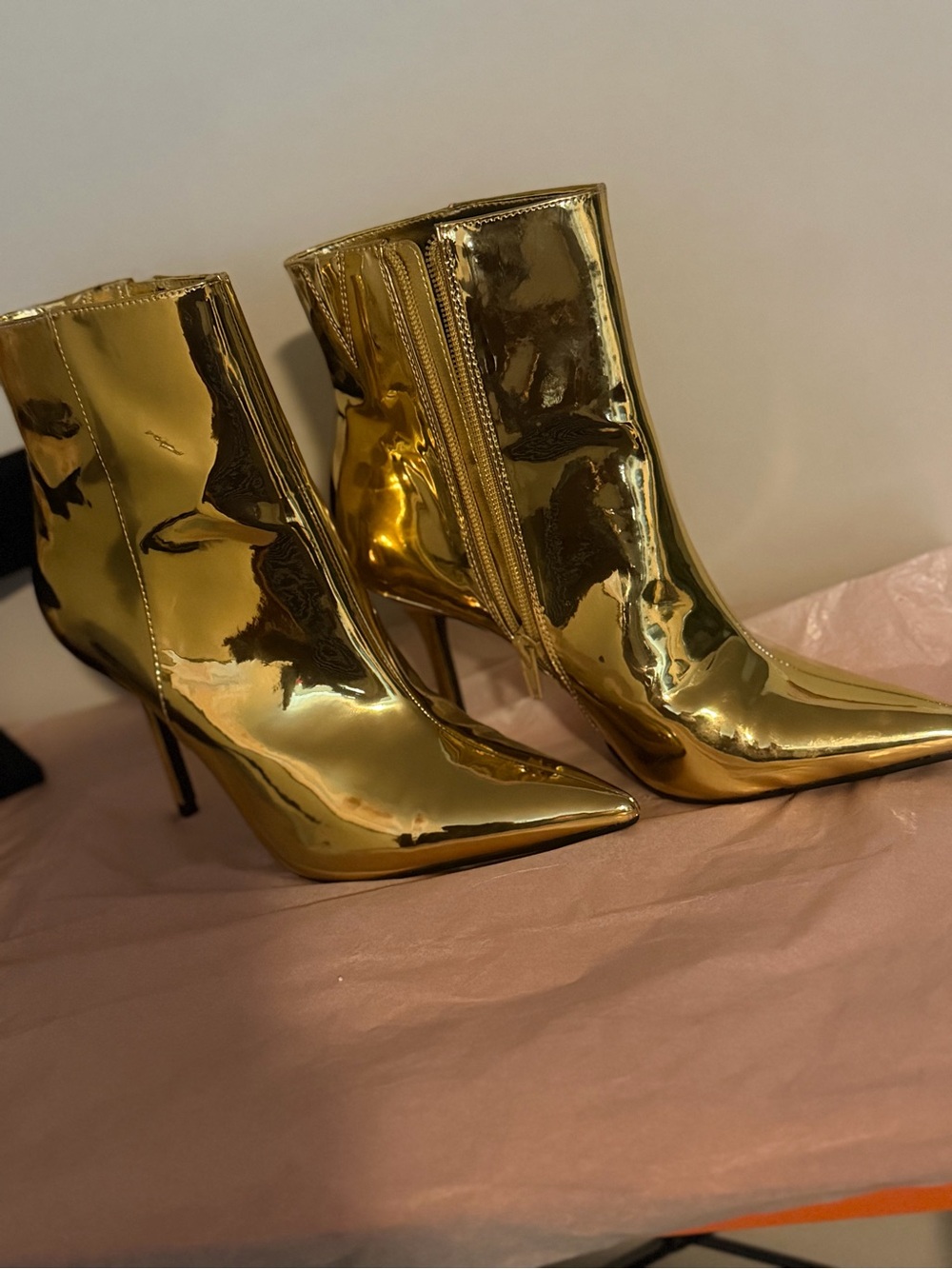 Gold Metallic Pointed-Toe Stiletto Ankle Boots
